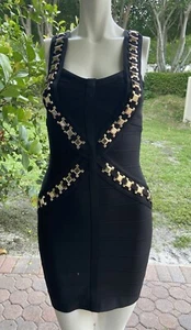 Herve Ledger Bodycon Black Mini Dress Bandage Gold Metal Accent Women SZ M - Picture 1 of 15