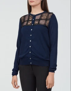 Nina Ricci Thin Knit Cardigan w/ Lace Front Size Medium Navy Cotton Cashmere - Picture 1 of 12