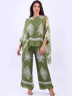 Women All Over Print Silk Tunic Top Italian Batwing Sleeves Two Layered Blouse - Image 1 of 2