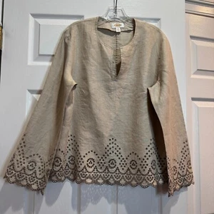 Talbots Women's Top 100% Linen Chic Tan Split Neck Long Sleeve Eyelet Size 16 - Picture 1 of 16