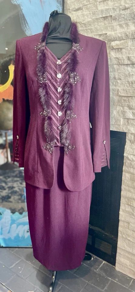 Conjunto de Traje Falda Ferre Gianni Nuevo con Etiquetas Púrpura Con Cuentas y Piel Forrada Talla 10 Foto 1 de 4