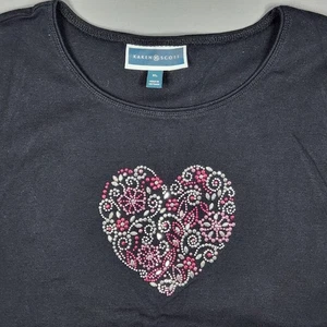 Karen Scott XL Pink & Silver Heart Bling & Strass 3/4 Ärmel 100% Baumwolle - Bild 1 von 8