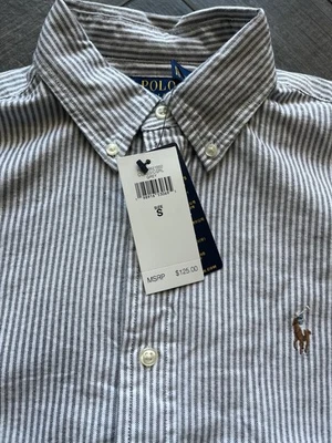 Camisa polo masculina Ralph Lauren pequena cinza branca listrada botão para baixo ajuste clássico - Imagem 1 de 4
