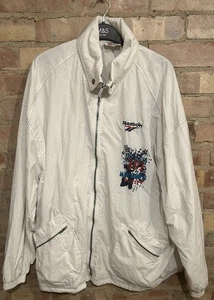 Vintage Reebok Track Jacket Size 2XL 56” White Graphic Print 90’s Lined - Picture 1 of 6