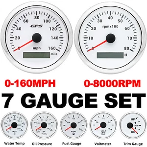 7 Gauge Set 85mm White GPS Speedometer 160MPH Tachometer 8000RPM For Boat Car - Picture 1 of 21