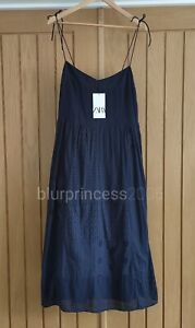 ZARA Embroidered Midi Dress Long Summer Sundress XXL XL L M S XS Dark Navy Blue