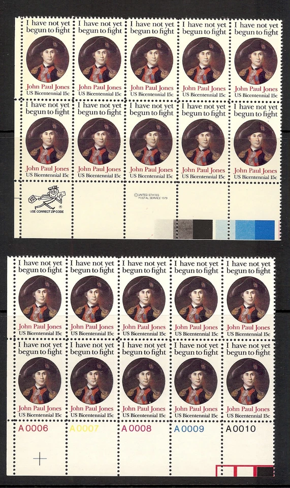 2 Mint Plate Blocks of 10 John Paul Jones 2 different perfTypes/VF NH SCV=$14.55 - Image 1 of 1