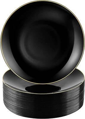 Platos de plástico negros y dorados de 100 piezas, platos de cena desechables negros de 10,25 pulgadas, Foto 1 de 4