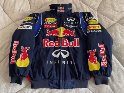 Unisex Adults F1 Team Racing Red Bull Jacket Navy Blue Embroidery Cotton Padded Cover