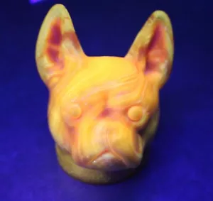 Fermacarte vintage Boyd arancione vetro cadmio testa di cane bulldog francese 3" luminoso - Foto 1 di 14