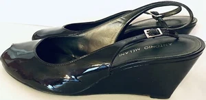 ANTONIO MELANI Flashback Brown Patent Leather Slingback Wedge Heels Sz 10M VGC - Picture 1 of 12