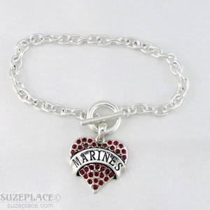 NUOVO BRACCIALE ARGENTO CHARM CUORE CRISTALLO ROSSO MARINO CHIUSURA A LEVETTA MILITARE  - Foto 1 di 2