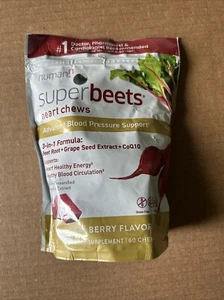 humanN SuperBeets Heart Chews Advanced 3-in-1 Grape Seed CoQ10 60 ct Exp 08/2025 - Picture 1 of 3