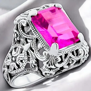 ART DECO STYLE RING 925 STERLING SILVER 4 Ct PINK LAB-CREATED SAPPHIRE #355 - Picture 1 of 4