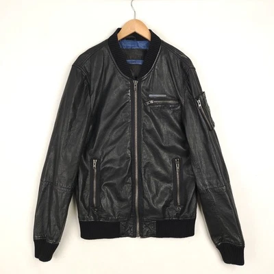 Superdry Mens Leather Jacket 2XL XXL Black Bomber Zip Pockets Biker MS5JQ003 - Image 1 of 4
