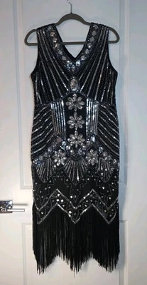 1920's Black/Silver Bead Sequin & Fringe Flapper Gatsby Dress Large  - Image 1 of 4