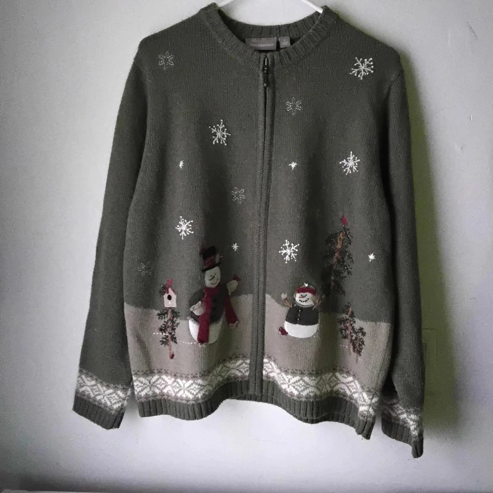 Cardigã Croft & Barrow verde boneco de neve inverno Natal zíper completo suéter em excelente estado usado - Imagem 1 de 4