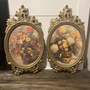 Paar Vintage Syroco 1960er Gold vergoldet Blumen Wandbilder 18,5 "x 11" - Bild 1 von 10