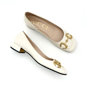 GUCCI Baby Bit Horsebit Ballet Flat Square Toe Size 39.5 US 9.5 White Block Heel - Picture 1 of 12