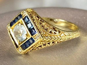 Filigraner Ring 14 Karat Gelbgold, Aquamarin, Saphir & Diamant - 3,86 g / Größe 6,7 - Bild 1 von 16