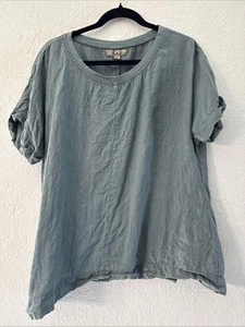FLAX Linen Pullover Blouse Top Women’s Medium Blue Relaxed Short Sleeve - Picture 1 of 17