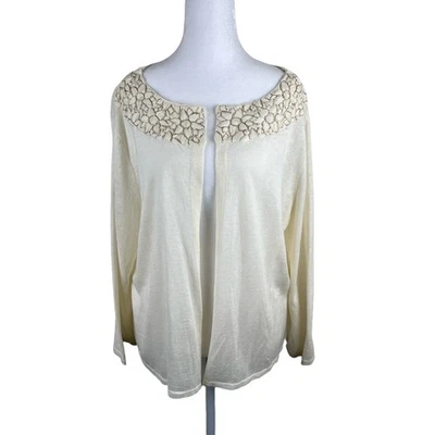 Cárdigan J-Jill XL Crema Frente Abierto Tejido Escote Bordado Costero Chic Lino Foto 1 de 4