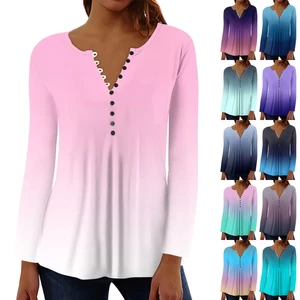 Women's Gradient Tops Casual Long Sleeve Tunic Button Henley Neck Pullover Shirt - Picture 1 of 18