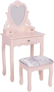 Kids Dressing Table Stool Set w/ Mirror & Storage Drawers Kids Makeup Table Pink - Picture 1 of 9