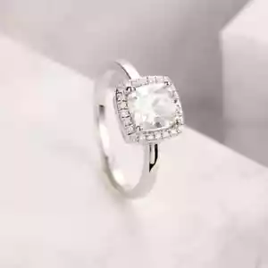 2.77Ct Cushion Cut Real Moissanite Halo Engagement 14K Ring White Gold Plated - Picture 1 of 5