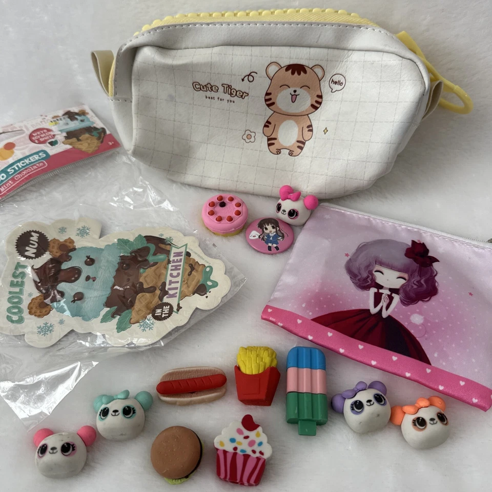 Gomas de borrar Kawaii, botón, bolsa de lápiz tigre, monedero niña, lote de pegatinas numéricas Foto 1 de 4
