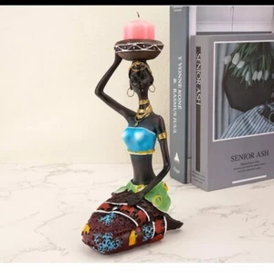 African Women Statue Tea Light Candlestick Candle Holder Art Piece Table - Picture 1 of 12