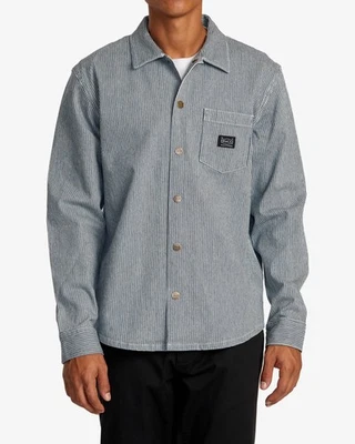 RVCA Chainmail Overshirt XL Mens Blue Hickory White Striped Shacket Relaxed Fit - Image 1 of 3