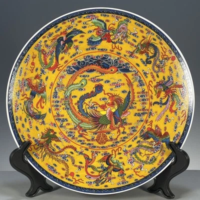 10.2'' Qing Qianlong Colorful Nine Phoenixes Painting Appreciation Plate - image 1 of 4