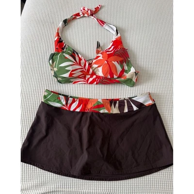 Speedo Floral Halter Bikini Swimsuit Skirt Set Brown Tropical Print Size 14 - Image 1 of 4