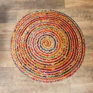 100% Cotton & Jute Round Indian Rug Handwoven Eco-Friendly Multicoloured | 90cm - Picture 1 of 3
