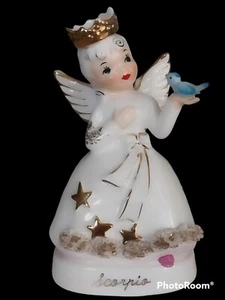 Vtg Napco SCORPIO Zodiac Birth Month Angel Girl w/Bird Spaghetti Trim Figurine  - Picture 1 of 13