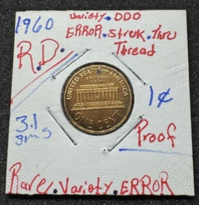 1960 1c Lincoln Cent Proof Variety DDO Error Struck Thru Thread - Picture 1 of 11