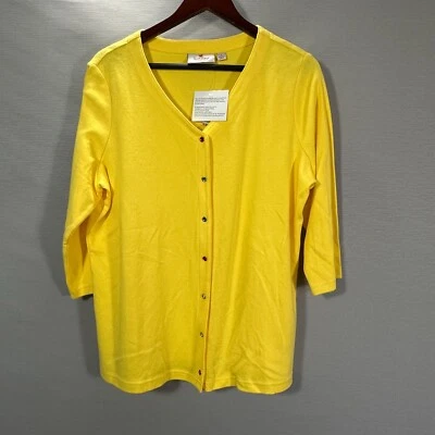 Quacker Factory Sweater Womens Large Yellow Cotton Cardigan Jeweled Snaps NEW - Image 1 of 4