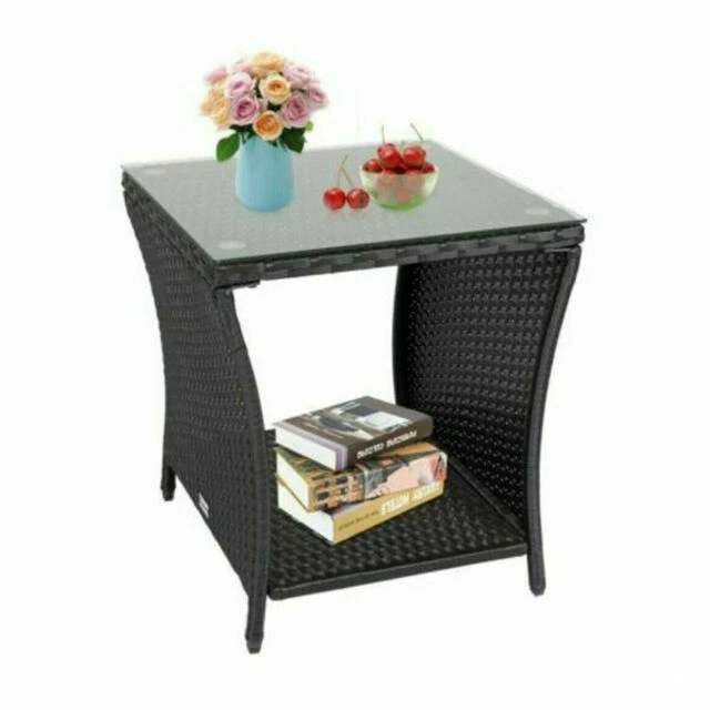 Kinbor RE16018 Wicker Rattan Side Tea Table - Black