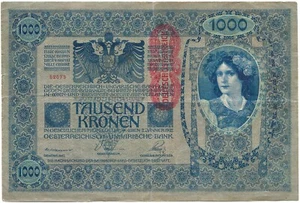 Autriche - billet de 1000 kronen 2 janvier 1902 surchargé DEUTSCHÖSTERREICH !  - Bild 1 von 2
