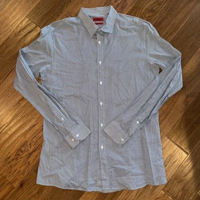 Camisa de Vestir Hugo By Hugo Boss Línea Ajustada Talla XL Manga Larga Azul Blanco Geométrica Foto 1 de 4