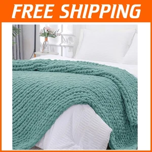 Light Teal Hand Knitted Chunky Knit Throw Blanket - 51x63 Cozy Yarn Comfort - Picture 1 of 9