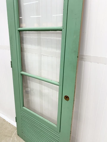 Vtg Green Wood Storm Door 3 Glass Pane Architectural Salvage Farmhouse Reclaimed Cover