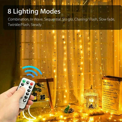 300 LED Curtain Fairy Lights USB String Light With Remote Xmas Party Wedding US - Image 1 of 4