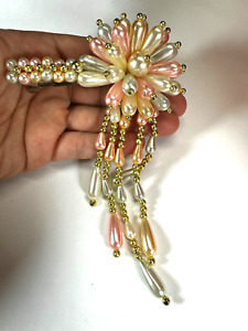 Vintage Hair Barrette 80s Bead Dangles Peach White Prom party Costume