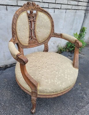 Antique 19th Century Louis XVI Heavily Carved Walnut Bergere  Armchair - Image 1 of 4