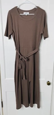 Magaschoni Midi Dress L Brown Waffle Knit Belt Slit Classic Stretch Breathable - Image 1 of 4
