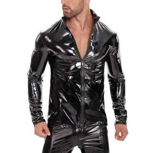 Men's Plus Size Shiny Leather Shirt Long Sleeve Full Zip Wetlook Leather Jacket - Picture 1 of 14