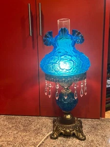 FENTON BLUE POPPY STUDENT LAMP, PRISMS - Picture 1 of 9