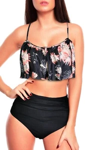 Z15655-B23-1448/SW) CONJUNTO BIKINI MUJER FLORES CINTURA ALTA SLIP NEGRO NUEVO TALLA 52 - Imagen 1 de 1